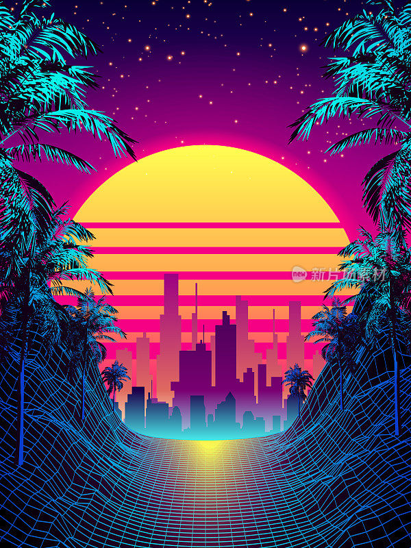 Retro Futuristic Background 1980s Style with Palms